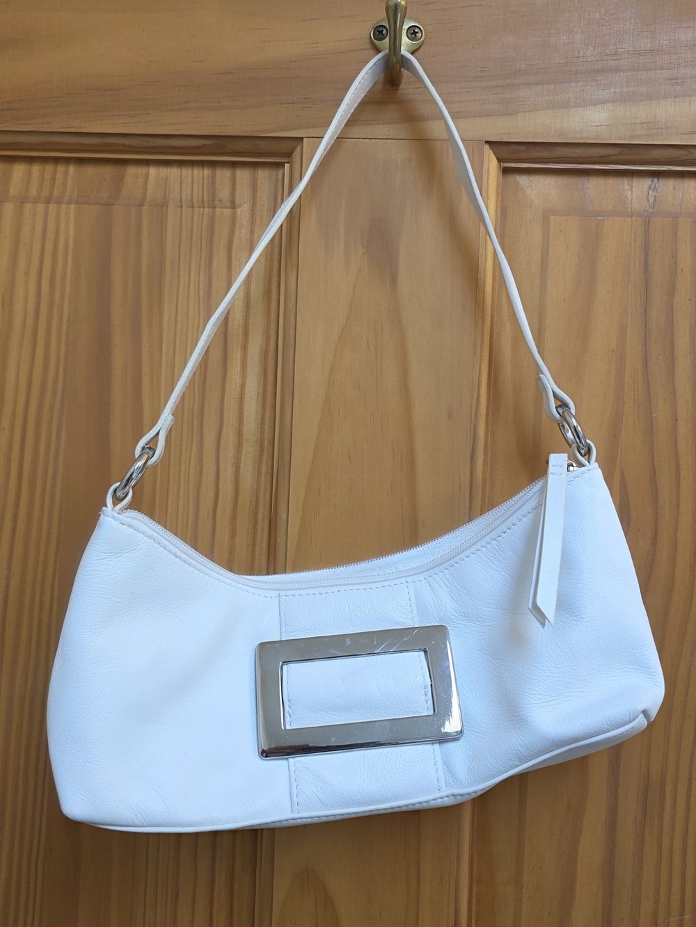 Apostrophe White Faux Leather Shoulder Bag with Silver-Tone Buckle